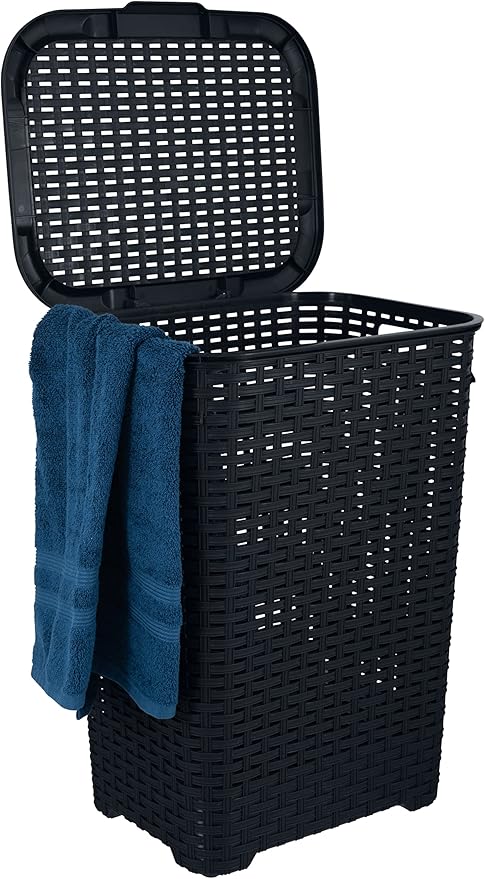 Plastic Laundry Hamper with Lid Laundry Hamper Basket, Black Tall Cloths Hamper Organizer with Cut-out Handles. Space Saving for Laundry Room Bedroom Bathroom, Wicker Design 60 Liter