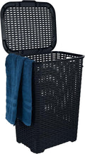 Plastic Laundry Hamper with Lid Laundry Hamper Basket, Black Tall Cloths Hamper Organizer with Cut-out Handles. Space Saving for Laundry Room Bedroom Bathroom, Wicker Design 60 Liter