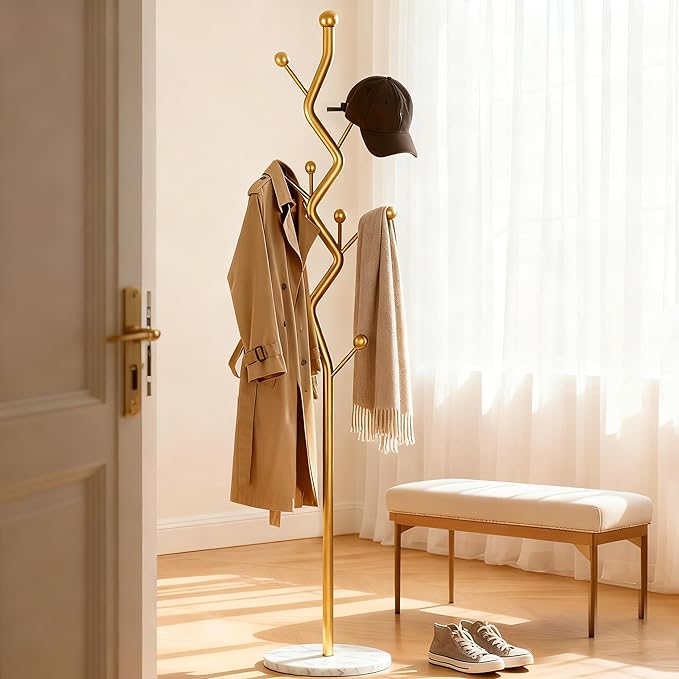 68.9 Inch Tall Modern Coat Rack,Gold Freestanding coat Rack Tree,Heavy-Duty Metal Coat Rack Stand with Sturdy Marble Base for Entryway,Hallway,Bedroom,Holds Coats Hats Bags Scarves