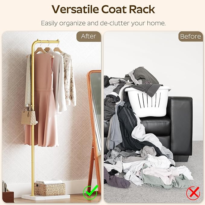 L Shaped Glod Coat Rack, Metal Coat Tree, Modern Clothes Rack with 3 Hooks and Thickened Base, Floor Standing Coat Hanger Stand, for Entryway, Living Room, Cloakroom, Gold and White YM01DWY1
