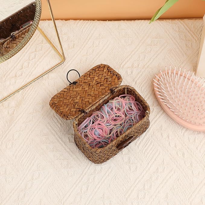 Seagrass Basket Bin with Lid Mini Size Handwoven Wicker Storage Container Storage Basket Decorative Desktop Organizer for Shelf Bathroom Home Decor, 4.3"x2.5"x2.1"
