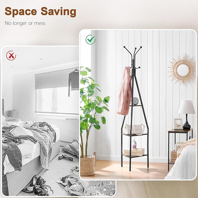 Hoctieon 3-Tier Coat Rack Freestanding with Shelves, Industrial Coat Stand with Storage, Mordern Coat Tree Free Standing for Clothes, Hats, Bags, Grey