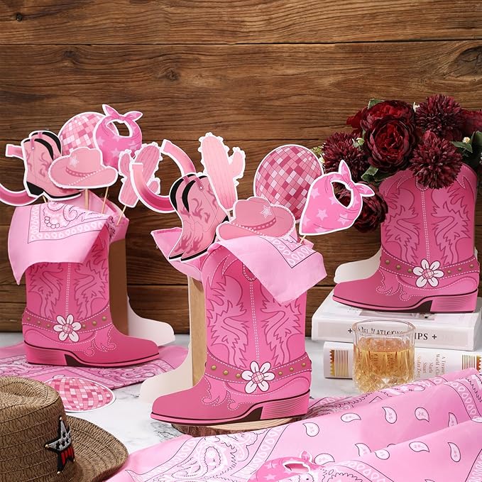 8 Sets 129 Pcs Pink Cowboy Western Party Centerpieces with Cowboy Boots Shaped Box Cutouts and Sticks for Western Party Birthday Decor