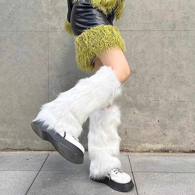 Zando Furry Faux Fur Leg Warmers for Women - Soft Fluffy Legwarmer Winter Boot Cuffs Covers for Daily Halloween Santa Costume
