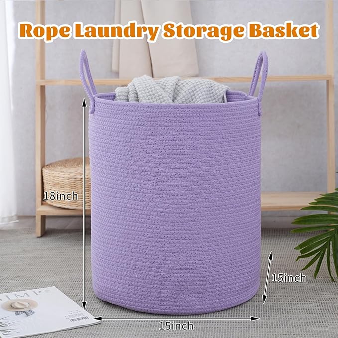 Woven Basket Nursery Laundry Hamper with Handles, Clothes Storage Organizer, Woven Basket for Boy Room Decor, Toy & Blanket Storage Bin, 15x15x18 Inch,Purple,1pc