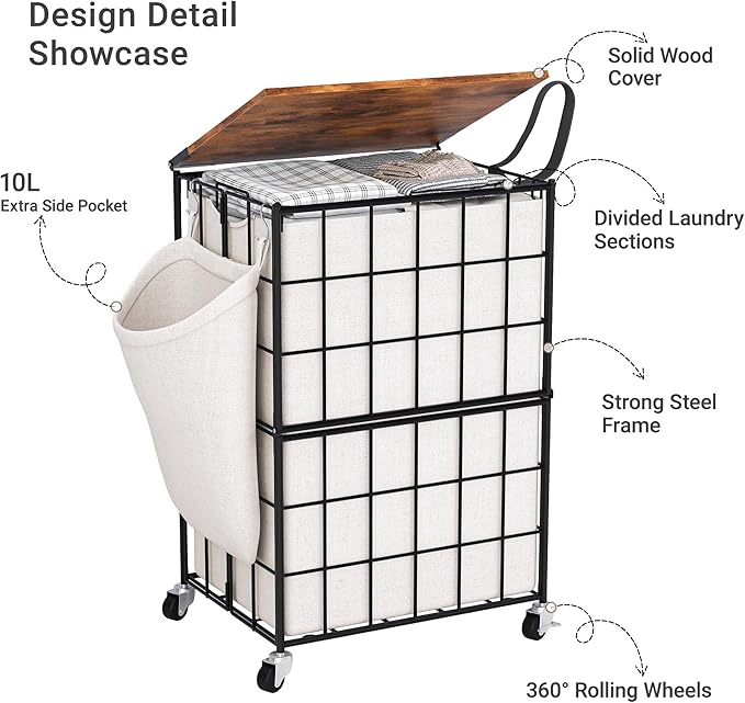 90L Laundry Basket with Wheels, Large Capacity Laundry Hamper with Removable Liner Bags, Heavy Duty Laundry Sorter with Solid Wood Lid & Leather Handles (Beige) TLH001B01