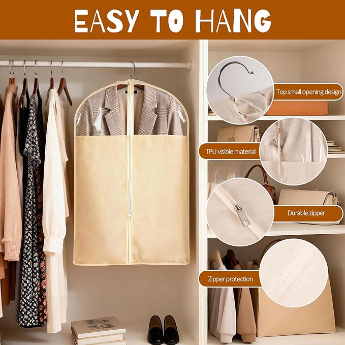 2 Pack 24 x 40 Inches Cotton Garment Bags for Hanging Clothes, Suit Bags for Clothes Coats Jackets Shirts Closet Storage Travel, Garment Covers with Clear Window