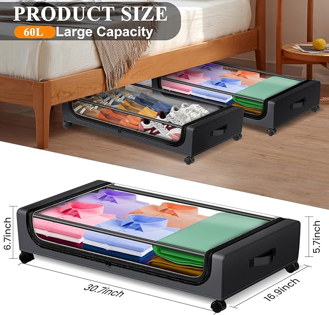 Jill Deaaa® Under Bed Storage with Wheels, 2Pack Under Bed Storage Containers with Clear Lids, XXL 60L Under Bed Shoe Storage Organizer,Dorm Bedroom Rolling Underbed Storage for Clothes, Toys, Blanket