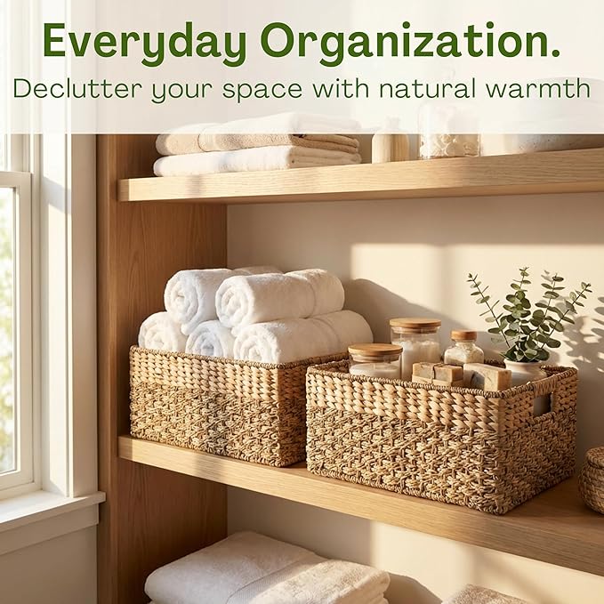 Medium Wicker Basket for Storage, Natural, Seagrass and Hyacinth Woven Baskets for Décor with Built-In Handles, Rectangular, Shelf Organizing for Bedroom, Pantry - Medium Size - 15.5x9.5x6.5 in