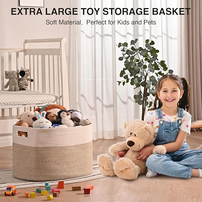 Extra Large Blanket Basket for Living Room, Rectangle Woven Cotton Rope Storage for Blankets, Toys, Clothes, Shoes, 25”x16”x16”, Off White & Brown, 108L