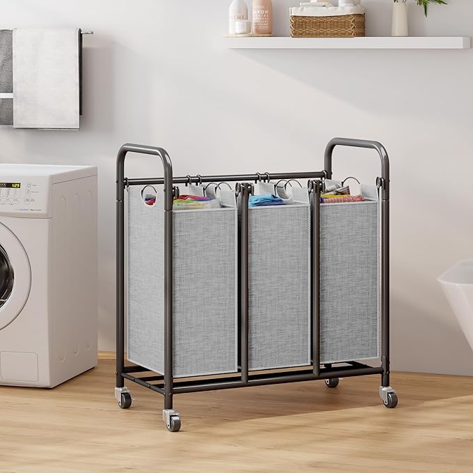 HOMEIJU 3-Bag Laundry Sorter, Laundry Hamper Cart with Heavy Duty Rolling Lockable Wheels and Removable Bags, Laundry Organizer Basket Clothes Separator Hamper, Grey