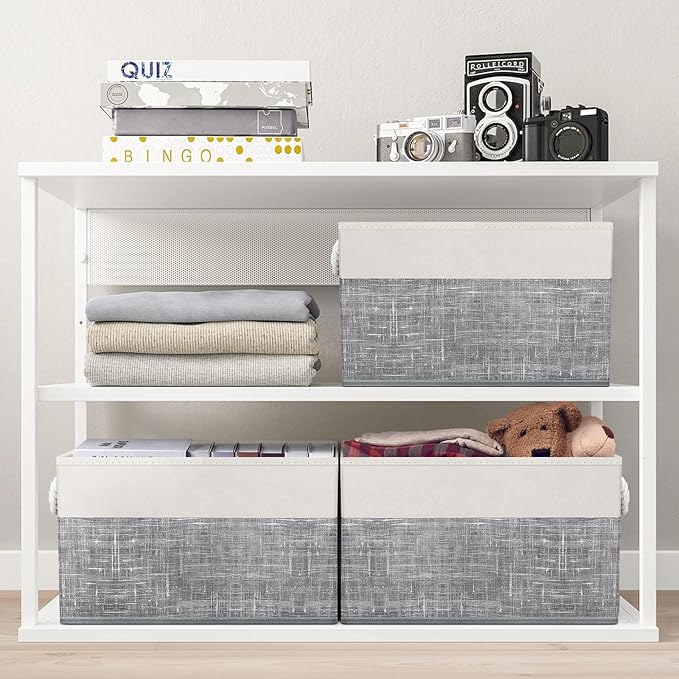 Fab totes Storage Bins [3-Pack], Foldable Storage Baskets for Organizing Toys, Books, Shelves, Closet, Large Storage Box with Rope Handles, Sturdy Organizer Bins, White & Grey