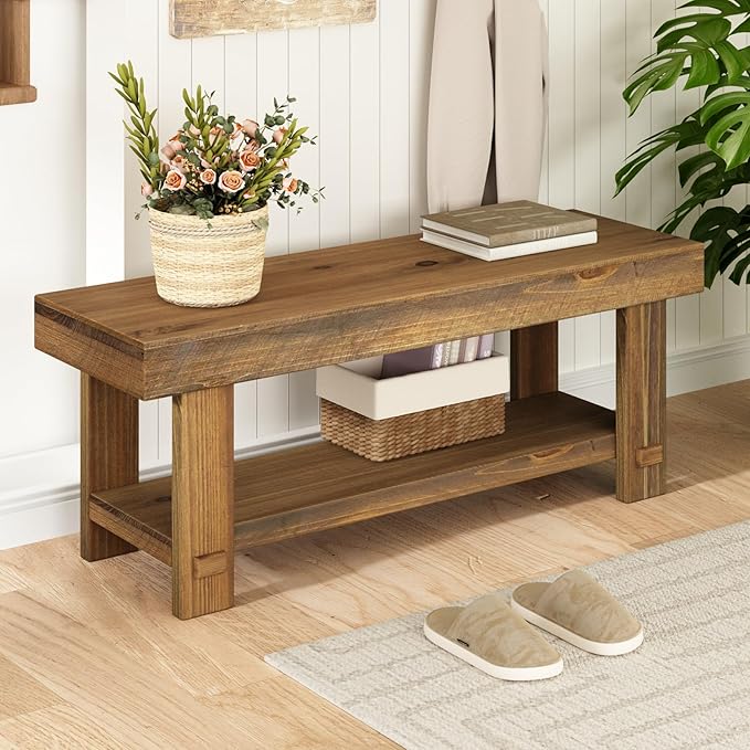 Solid Wood Entryway Bench - 42.6" Farmhouse Long Storage Benches, Narrow Bench Seat for Indoor, Entryway, Dining Room, Living Room, Bedroom and Hallway, Rustic Natural