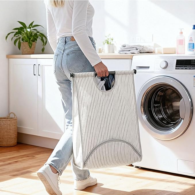 STORAGE MANIAC Wall Mount Laundry Hamper, Hanging Laundry Bag with Bottom Zipper Opening, Space Saver Dirty Clothes Hamper with Wall Anchor, Laundry Clothes Bin for College, Dorm, RV, Stripe