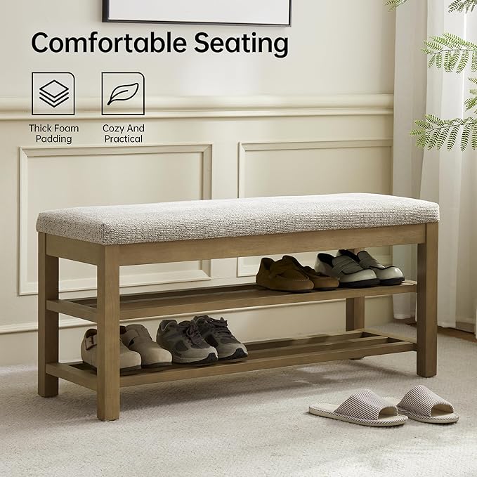 VKNOW Entryway Bench, 44.3” Upholstered Shoe Bench for Bedroom, 2-Tier Storage End of Bed Bench with Rubberwood Legs for Living Room, Hallway, Brown