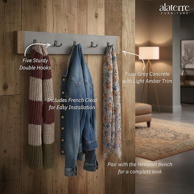 Alaterre Furniture Newport Entryway Collection – 40" Modern Industrial Wall Mounted Coat Rack with 5 Sturdy Hooks, Faux Concrete Panel and Light Amber Wood Trim for Entryway or Mudroom (Gray)