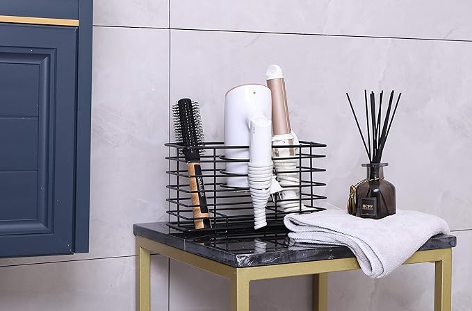 YCOCO Hair Dryer Holder - Wall Mount Metal Wire Organizer for Bathroom Hair Care Tools, Styling Tool Storage Basket for Dryers, Flat Irons, Curling Wands, Straighteners, Black