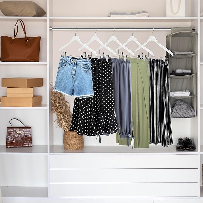 20 Luxury Ultra Thin Space Saving Wooden Skirt Pant Hanger with Adjustable Clips Best for Skirts, Pants, Shirts, Blouses, Dress, Hangers (White - Skirt/Blouse, 20)