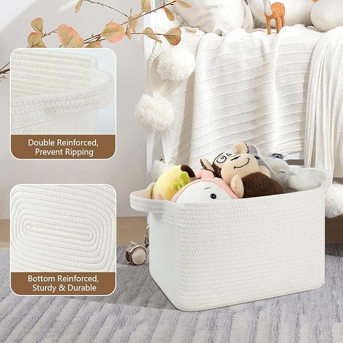 Storage Basket for Organizing, Woven Baskets for Storage, Rectangle Decorative Baskets for Shleves, Closet, Toys, Books, Nursery Organizer Bins - Pack of 3 (White, 13"x9.85"x8.7")
