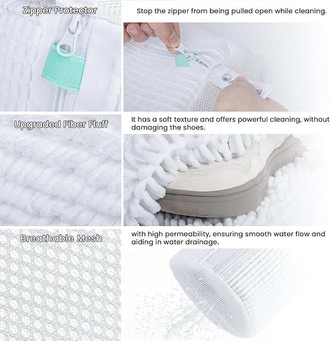 2Pcs Shoe Washing Machine Bag, Sneaker Laundry Bag for Washing Machine, Extra Long and Thick Microfibre Fluff, Reusable for Washer and Dryer (2pcs, White)