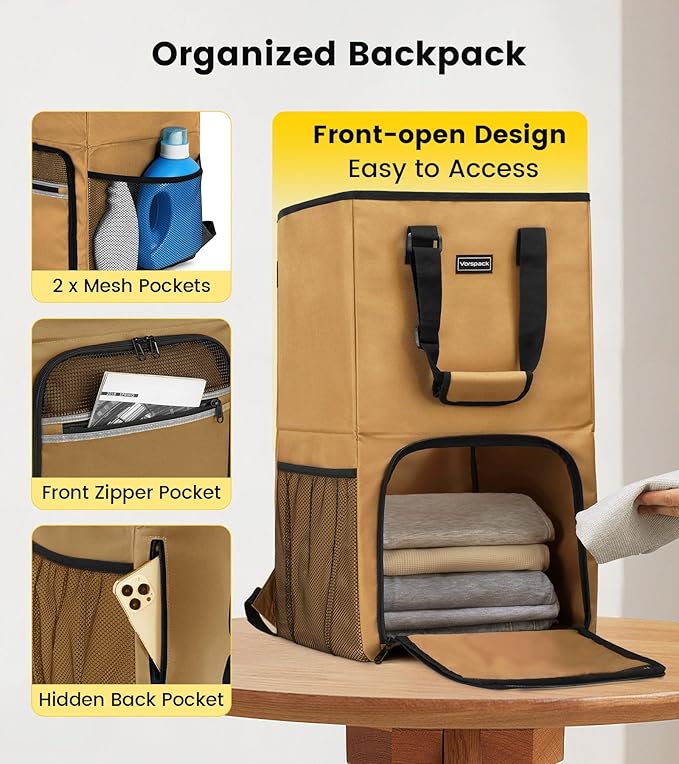 Vorspack Laundry Bag Backpack - Extra Large Laundry Bags with Shoulder Straps Heavy-duty 2 in 1 Laundry Hamper Basket for College Dorm Camp Laundromat Room Essentials - Khaki