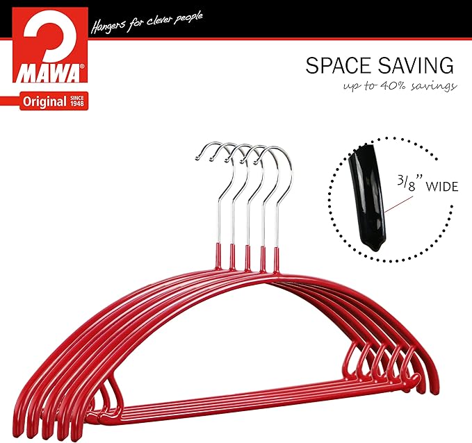Mawa Non Slip Metal Clothing Hanger, Smooth Shoulder Support with Skirt Hooks, Model 42-U, Set of 2, Red