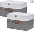 2 Pack Storage Boxes with Zipper Lid Cotton Linen Fabric Lidded Storage Bins Baskets Foldable Washable Closet Shelf Clothes Organizer Container Faux Leather Handles (Gray White, Large)