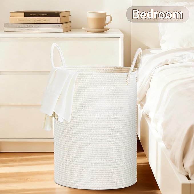 Tall Laundry Basket with Handles, 72L Portable Dirty Clothes Hamper, Boho Cotton Rope Storage Bin for Blankets Kids Toys Gifts, Large Organizer for Baby Nursery Bedroom Bathroom, White