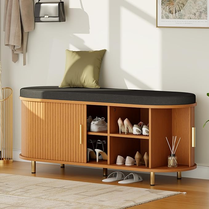 Entryway Bench with Storage: 43.31" Wooden Bedroom Shoe Bench with Thickened Padded Seat Cushion, Mid Century Modern Fluted Sliding Door and Adjustable Shelf, for Entryway, Living Room