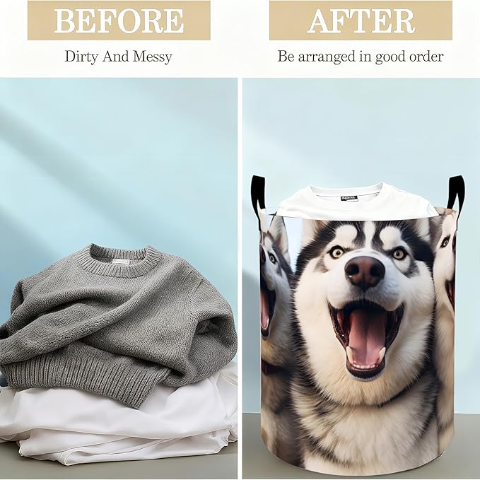 Husky Laundry Basket Hamper for Boys Girls Kids Adults, Foldable Waterproof Oxford Clothes Storage Bin, Funny Dog Organizer for Bedroom Bathroom Room Decor 19.7"x15.8"