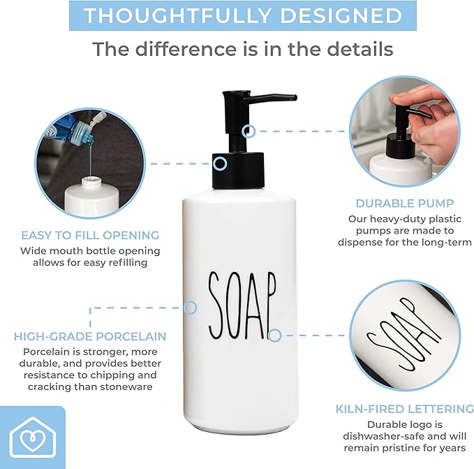 Heartland Home Porcelain 16oz Liquid Dispenser - Kitchen, Bathroom & Laundry Soap & Shampoo Dispenser