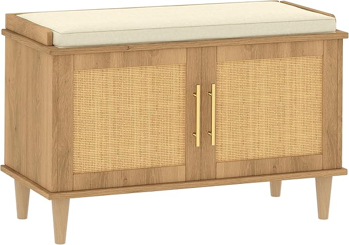 Rattan Shoe Storage Bench with Cushion, 2-Tier Entryway Bench with Adjustable Shelves and 2 Doors, 15" D x 31.5" W x 20" H, Solid Wood Legs, for Hallway, Living Room, Bedroom, Natural Oak