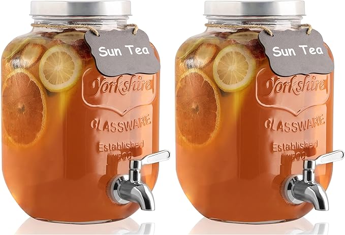 1 Gallon Drink Dispenser with Spigot 18/8 Stainless Steel – Airtight & Leakproof Glass Sun Tea Jar with Anti-Rust Lids, Beverage Dispenser for Parties - Laundry Detergent Holder (Pack of 2)