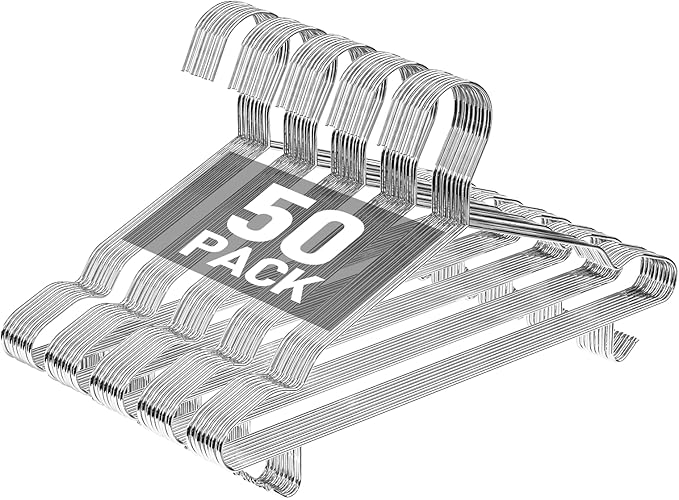 Metal Clothes Hangers Bulk 50 Pack with 2 Hooks for Pants, Heavy Duty Stainless Steel Wire Hanger with Groove, Space-Saving, Ultra Thin, 16.5 Inch, for Standard Suits, Skirts, Shirts- Silver