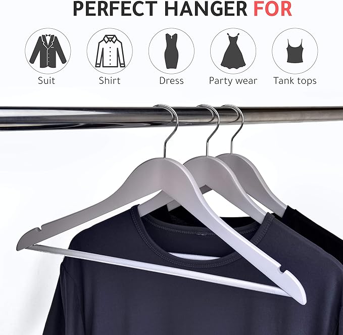 Quality Wooden Hangers - Slightly Curved Hanger Set of 80-Pack - Solid Wood Coat Hangers with Stylish Chrome Hooks - Heavy-Duty Clothes, Jacket, Shirt, Pants, Suit Hangers (Gray, 80)
