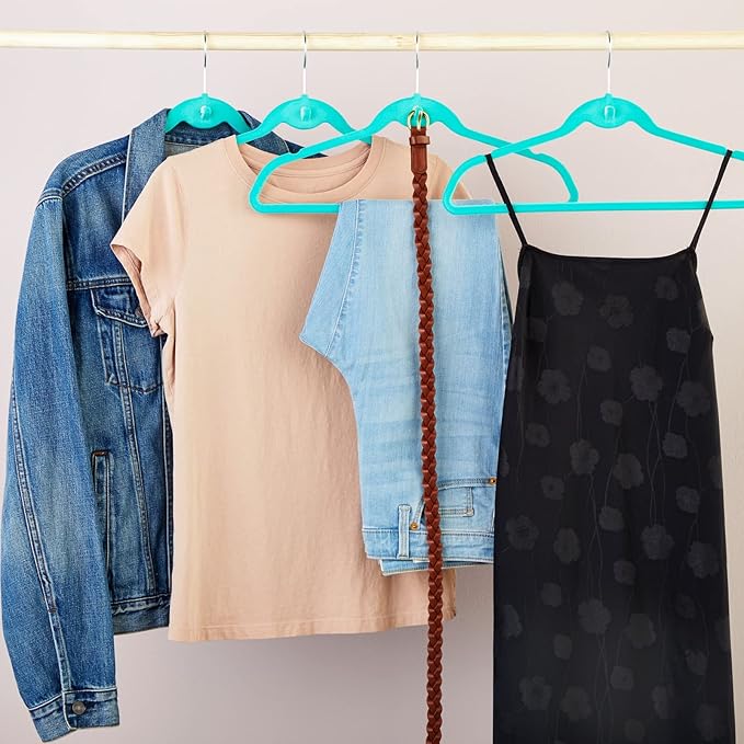 Juvale Velvet Clothes Hangers with Cascading Hooks - Anti-Slip Stackable Velvet Hangers - Mini Hanger Hooks for Layering - Pack of 50, 17.5 in, Teal