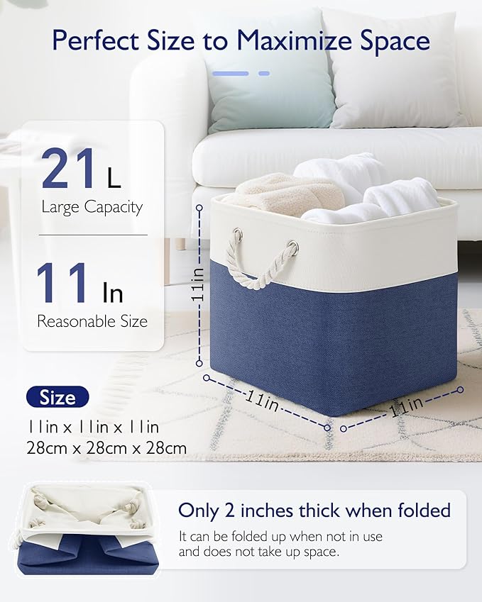 11 Inch Cube Storage Bins, 4 Pack Fabric Storage Cubes with Rope Handles, Organizer Baskets for Closet Shelves, Clothes and Home Organization(White/Blue)