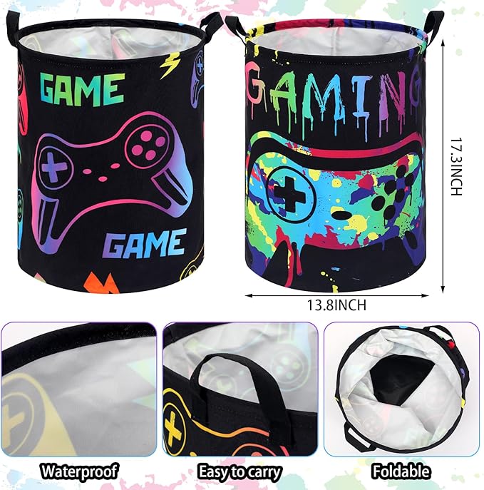 Zhehao 2 Pcs Gamer Laundry Basket Boys Kids Laundry Hamper Gamer Room Decor Gaming Storage Basket Hamper Clothes Organizer Nursery Toy Storage Bin for Easter Gifts Bedroom Bathroom Decoration(Fresh)