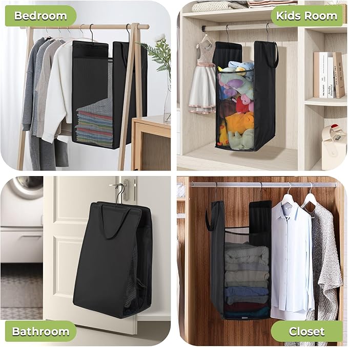 Fentec Hanging Laundry Hamper, Hanging Laundry Basket, Slim Laundry Hamper Bag with Handles, Portable Hanging Closet Hamper, Mesh Heavy Duty Hanging Laundry Bag (Black,1 Pack)