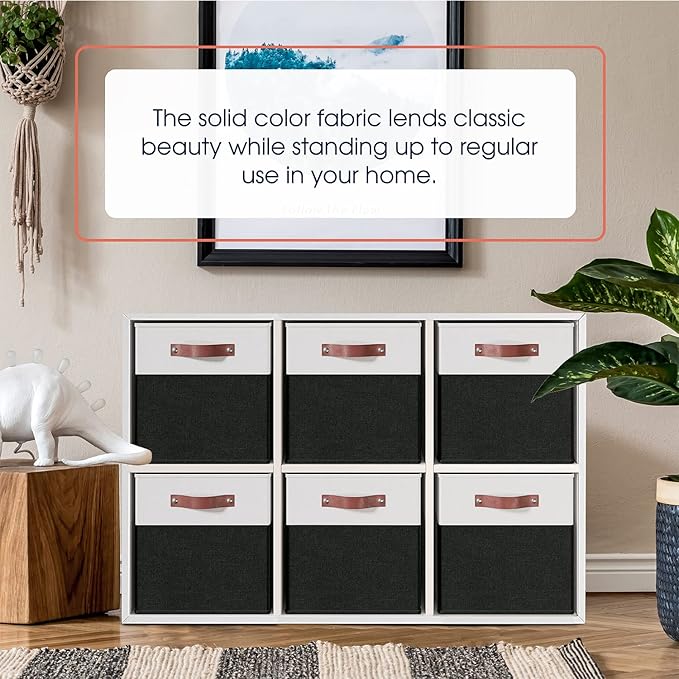 Ornavo Home 13 x 15 x 13 Kallax Storage Cube Bins, Foldable Collapsible Fabric Storage Bins Box Linen Shelf Basket Cube Organizer for Closet with Leather Handles, 6 Pack, White/Black