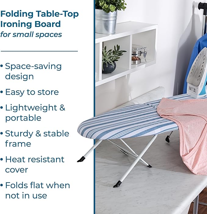Honey-Can-Do Folding Tabletop Ironing Board with Iron Rest, Blue, 32” L x 12” W, Steel Frame