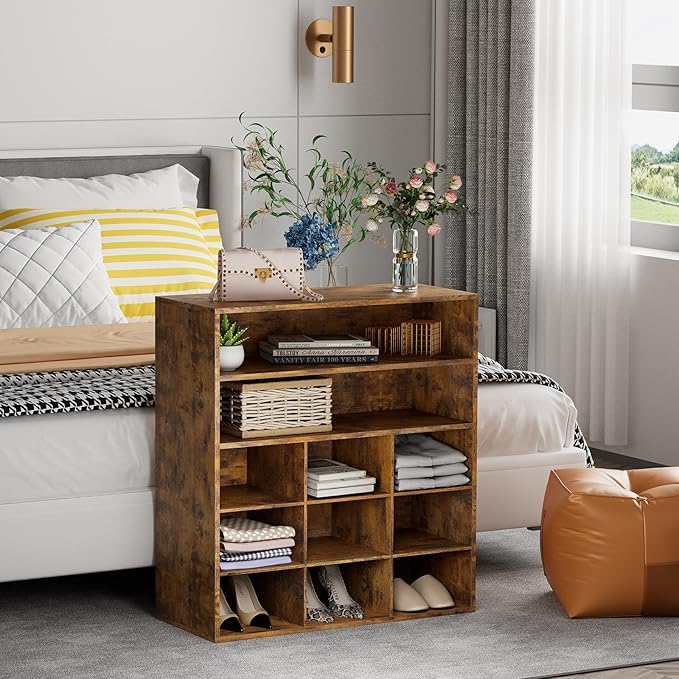 9-Cubby Shoe Rack with 2 Storage Shelf, 3-Tier Wood Shoe Organizer, Multifunctional Shoe Organizer Bench for Entryway, Mudroom, Hallway, Closet, Brown