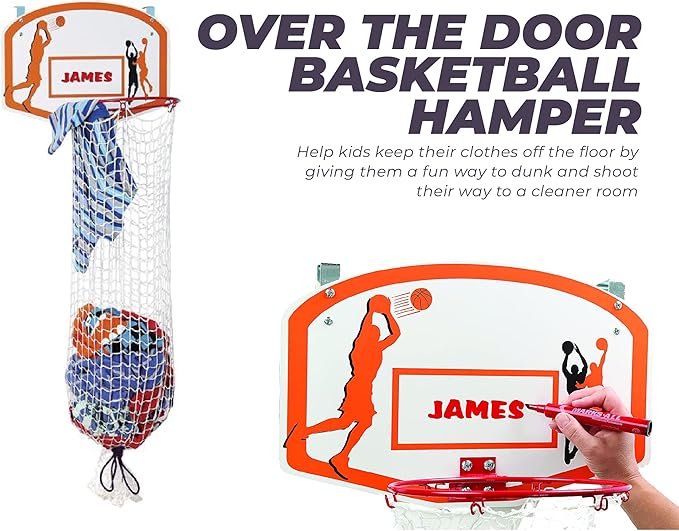 Etna Over the Door Basketball Laundry Hamper - Space Saving Hanging Hamper with Metal Ring, Backboard, Drawstring Bag - Fun Laundry Solution for Kids Room, Dorm Rooms, Dunk Away Dirty Laundry