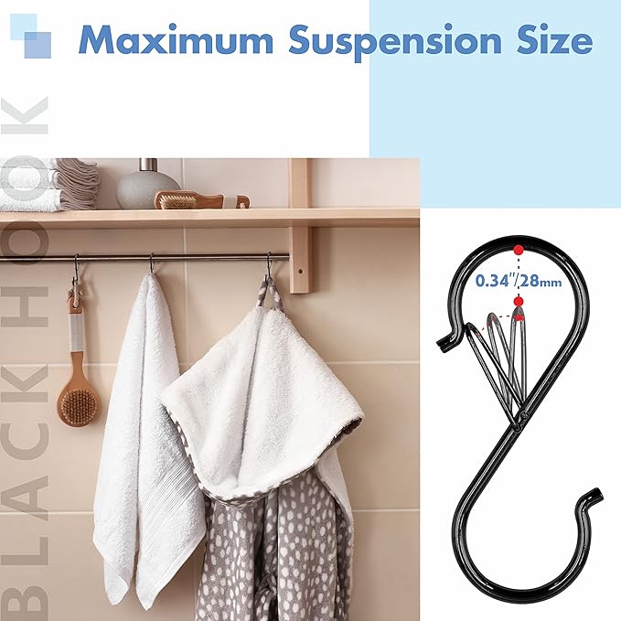 Vantasii 10 PCS S Hooks, Rustproof S-Shaped Hook with Safety Buckle Heavy Duty Metal S Hanging Hook for Clothes, Pots, Pans, Kitchen Utensil, Cubicle, Closet Rob, Bags (3.5 inch, Black)
