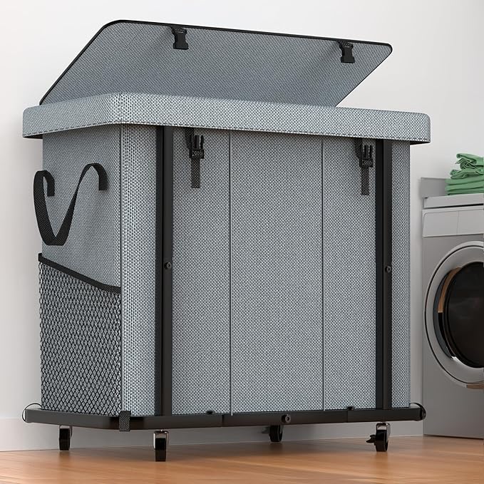 60 Gal (230L) High Grade Large Laundry Basket with Wheels, Rolling Laundry Hamper, Laundry Cart with Metal Frame and Removable Bag Design, Suitable for Laundry Room, Bedroom (Grey, 3 Section 230L)
