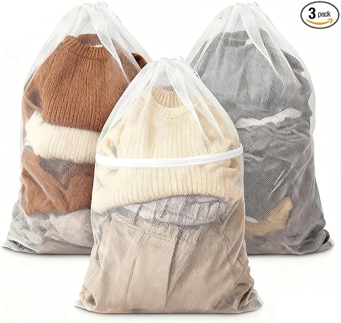 3 Pcs Mesh Laundry Bags Breathable Delicates Protect - Large Heavy for Protect Clothes in Washing Machine Travel Dorm Sports Family White 23 x 34 Inches