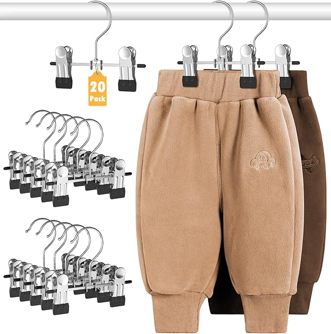 DOIOWN 20 Pack Baby Hangers, Baby Pants Hangers with Clips,Toddler Hangers for Pants, Skirts, Clothes, Non Slip Space Saving Kids Hangers for Closet Organization, Baby Essentials Closest Organizer