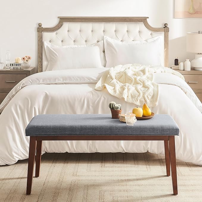 Upholstered Bench for Bedroom End of Bed,42.5-inch Entryway Bench for Living Room,Dining Bench with Padded Seat and Solid Wood Leg for Kitchen Bedroom,Indoor and Hallway (Bench, Grey)