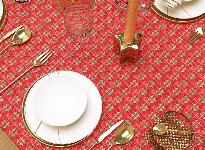 Table Cloth, Christmas Red & Green Woven Fringed, 100% Cotton Table Cover, Size 52x52 Inch, Suitable for Formal Dining, and Casual Occasions.