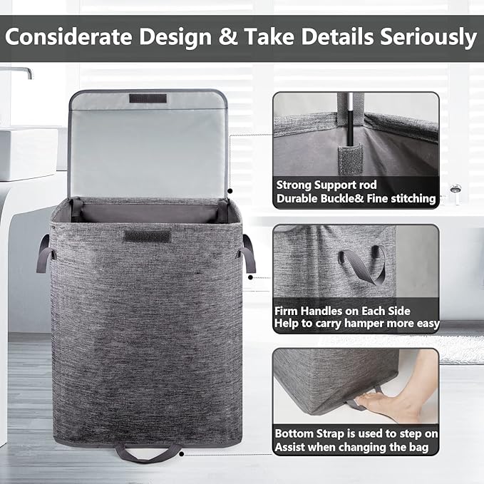 Foldable Laundry Hamper with 2 Removable Drawstring Bags,Portable Laundry Basket with Lid & Easy Carry Handle,Durable Clothes Hamper for Space-Saving Organizer in Bedroom,Bathroom,Dorm,Nursery,RV,Grey